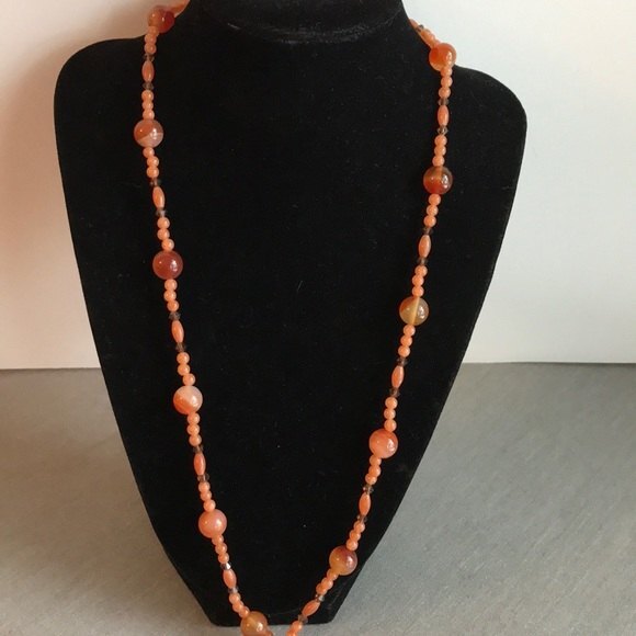 Vintage Carnelian Gemstone Swarovski Crystal Sterling Silver Necklace 27 Inch - Picture 1 of 7